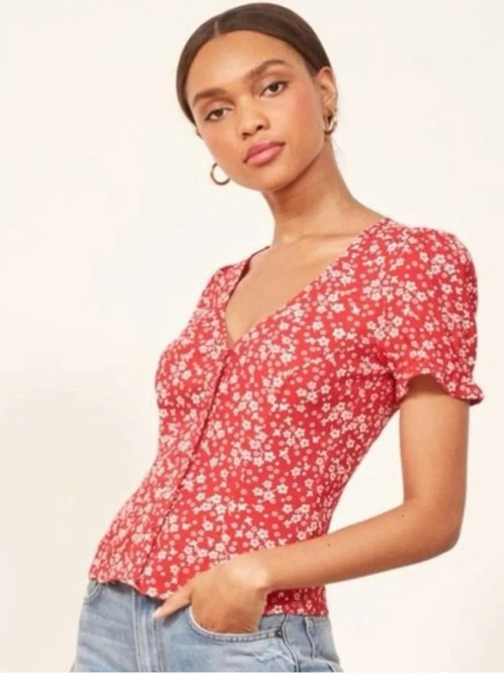 Reformation Button Up V-Neck Red Floral Blouse Size S - Picture 2 of 6
